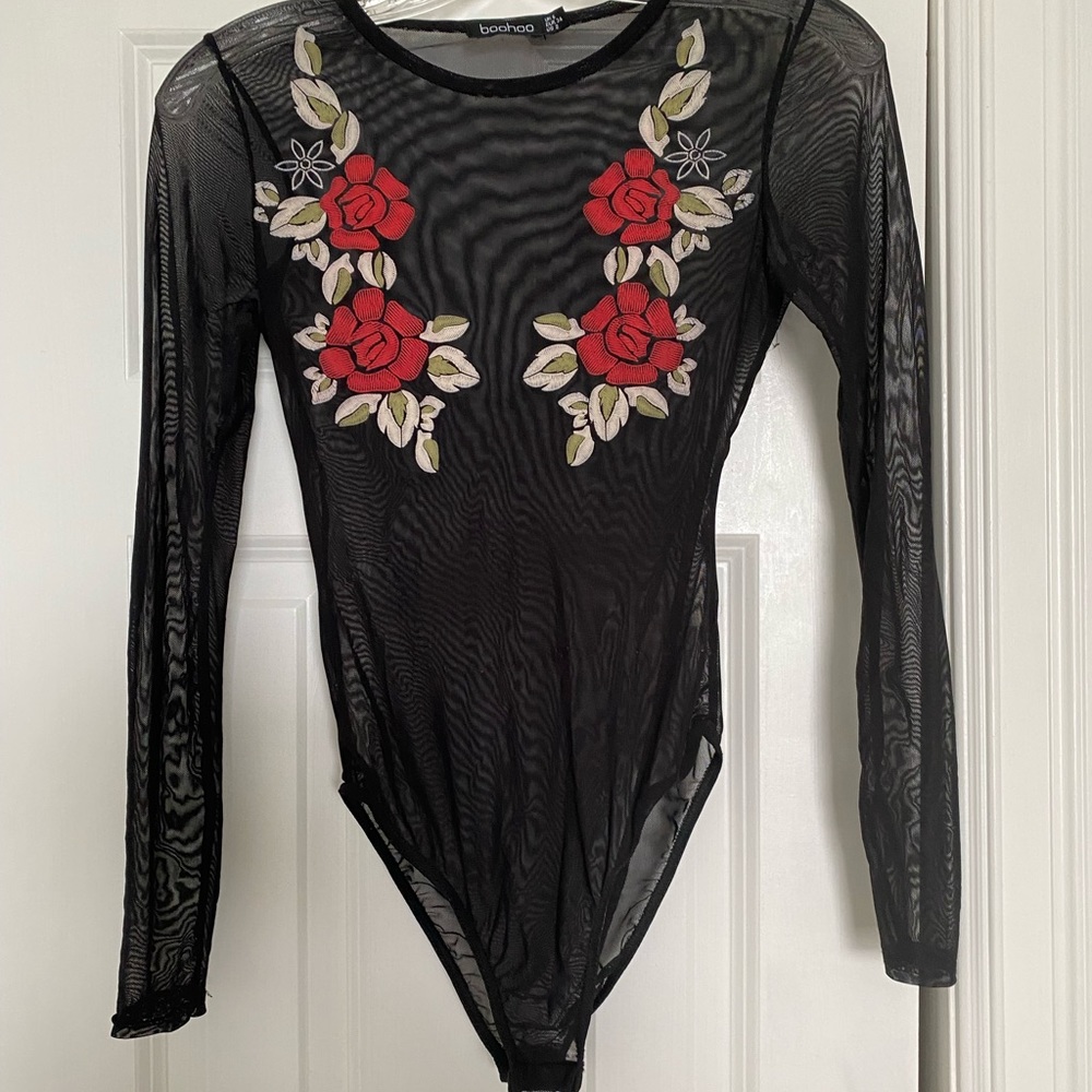 BOOHOO Mesh Rose Bodysuit